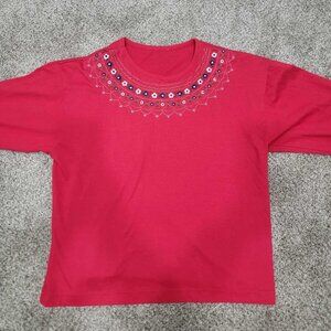 Vintage Long sleeve Grandma Shirt Womens Large Red Embroidered Floral Flower